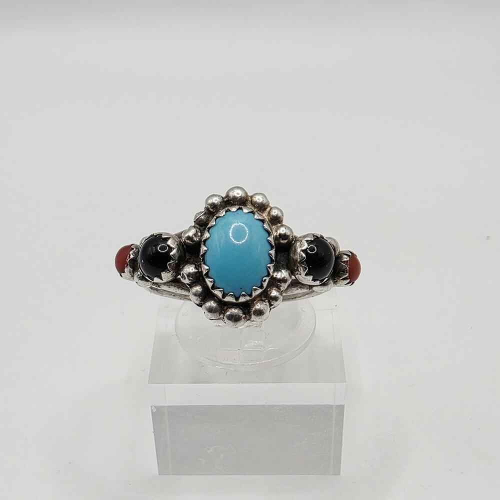 Signed Native Sterling Silver Turquoise Onyx Coral Ring Size 7